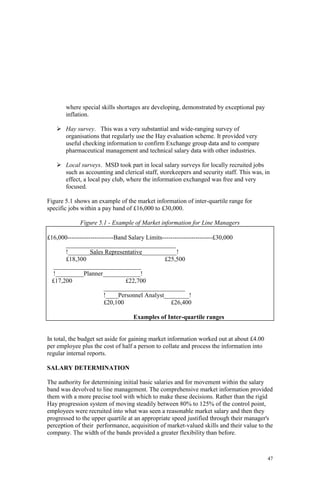 47
where special skills shortages are developing, demonstrated by exceptional pay
inflation.
Hay survey. This was a very substantial and wide-ranging survey of
organisations that regularly use the Hay evaluation scheme. It provided very
useful checking information to confirm Exchange group data and to compare
pharmaceutical management and technical salary data with other industries.
Local surveys. MSD took part in local salary surveys for locally recruited jobs
such as accounting and clerical staff, storekeepers and security staff. This was, in
effect, a local pay club, where the information exchanged was free and very
focused.
Figure 5.1 shows an example of the market information of inter-quartile range for
specific jobs within a pay band of £16,000 to £30,000.
Figure 5.1 - Example of Market information for Line Managers
£16,000----------------------Band Salary Limits------------------------£30,000
___________________________________
!_______Sales Representative___________!
£18,300 £25,500
____________________________
!_________Planner____________!
£17,200 £22,700
__________________________
!____Personnel Analyst________!
£20,100 £26,400
Examples of Inter-quartile ranges
In total, the budget set aside for gaining market information worked out at about £4.00
per employee plus the cost of half a person to collate and process the information into
regular internal reports.
SALARY DETERMINATION
The authority for determining initial basic salaries and for movement within the salary
band was devolved to line management. The comprehensive market information provided
them with a more precise tool with which to make these decisions. Rather than the rigid
Hay progression system of moving steadily between 80% to 125% of the control point,
employees were recruited into what was seen a reasonable market salary and then they
progressed to the upper quartile at an appropriate speed justified through their manager's
perception of their performance, acquisition of market-valued skills and their value to the
company. The width of the bands provided a greater flexibility than before.
 