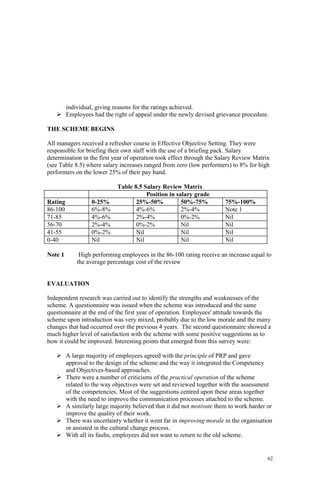 62
individual, giving reasons for the ratings achieved.
Employees had the right of appeal under the newly devised grievance procedure.
THE SCHEME BEGINS
All managers received a refresher course in Effective Objective Setting. They were
responsible for briefing their own staff with the use of a briefing pack. Salary
determination in the first year of operation took effect through the Salary Review Matrix
(see Table 8.5) where salary increases ranged from zero (low performers) to 8% for high
performers on the lower 25% of their pay band.
Table 8.5 Salary Review Matrix
Position in salary grade
Rating 0-25% 25%-50% 50%-75% 75%-100%
86-100 6%-8% 4%-6% 2%-4% Note 1
71-85 4%-6% 2%-4% 0%-2% Nil
56-70 2%-4% 0%-2% Nil Nil
41-55 0%-2% Nil Nil Nil
0-40 Nil Nil Nil Nil
Note 1 High performing employees in the 86-100 rating receive an increase equal to
the average percentage cost of the review
EVALUATION
Independent research was carried out to identify the strengths and weaknesses of the
scheme. A questionnaire was issued when the scheme was introduced and the same
questionnaire at the end of the first year of operation. Employees' attitude towards the
scheme upon introduction was very mixed, probably due to the low morale and the many
changes that had occurred over the previous 4 years. The second questionnaire showed a
much higher level of satisfaction with the scheme with some positive suggestions as to
how it could be improved. Interesting points that emerged from this survey were:
A large majority of employees agreed with the principle of PRP and gave
approval to the design of the scheme and the way it integrated the Competency
and Objectives-based approaches.
There were a number of criticisms of the practical operation of the scheme
related to the way objectives were set and reviewed together with the assessment
of the competencies. Most of the suggestions centred upon these areas together
with the need to improve the communication processes attached to the scheme.
A similarly large majority believed that it did not motivate them to work harder or
improve the quality of their work.
There was uncertainty whether it went far in improving morale in the organisation
or assisted in the cultural change process.
With all its faults, employees did not want to return to the old scheme.
 