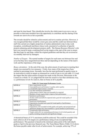 85
and must be time-based. They should also involve the whole team in an even a way as
possible so that team members have the opportunity to contribute and the sharing of the
rewards are seen to be as fair as possible.
The rewards should be related to achievements and not to routine activities. However, it
was recognised that there would be a more grey area and this could vary between those
staff who carried out a higher proportion of routine administrative day to day work
(reception, switchboard) and those whose work consisted of a collection of specific
projects (planning and development projects staff). The Human Resource Director’s role
here was crucial to keep a watching brief on the targets at the start of the year to ensure
that they kept, by and large, within the original guidelines and that they are reviewed at
six monthly intervals by managers.
Number of Targets - The normal number of targets for each team was between four and
seven but they have ranged between three and ten depending on the nature of the team's
work and the importance of the target.
Bonus calculation - At the end of the year, the achievement of each team in meeting their
targets was assessed by two measures. Firstly, how many of the targets have been
reached in percentage terms. Secondly, how has the team performed in quality terms in
its motivation to reach its targets as measured on a scale of one to six (see table 12.1) and
the impact that the achievement of targets has made on the Division, Directorate or the
Council as a whole. If it is judged that the team has acted in a less than satisfactory way,
i.e. performance levels five and six, then no bonus at all is payable.
Table 12.1 Team target Performance Levels
LEVEL 6 Basic requirements not met.
Unacceptably poor performance in quality and/or quality
Considerable improvement is essential
LEVEL 5 Less than satisfactory performance
Achievement is below what can reasonably be expected
Members of team require help to improve their performance
LEVEL 4 Satisfactory performance
All that could reasonable be expected and a good all round quality of
performance
LEVEL 3 Good level of performance
Expectations exceeded and a good all round quality of performance
LEVEL 2 High performance
Expectations well exceeded in both quality and quality and unexpected and
significant changes have been handled to a good standard of performance
LEVEL 1 Exceptionally high performance
Targets achieved to an outstanding performance level in both quantity and
quality including unexpected and significant changes
A theoretical bonus of 15 % maximum could be achieved. This could be awarded if the
team achieves all of its targets on a performance rating of one (exceptional high
performance). This payment is based on the minimum salary point of the individual's
grade at April in the previous financial year. The Team Bonus Matrix (Table 12.2) shows
the bonus payable under other levels of achievement. For example, achieving 75% of
 