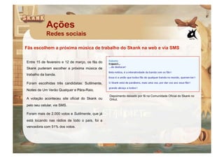 Ações
            Redes sociais

Fãs escolhem a próxima música de trabalho do Skank na web e via SMS


Entre 15 de fevereiro e 12 de março, os fãs do
Skank puderam escolher a próxima música de
trabalho da banda.

Foram escolhidas três candidatas: Sutilmente,
Noites de Um Verão Qualquer e Pára-Raio.
                                                 Depoimento deixado por fã na Comunidade Oficial do Skank no
A votação aconteceu site oficial do Skank ou     Orkut.
pelo seu celular, via SMS.

Foram mais de 2.000 votos e Sutilmente, que já
está tocando nas rádios de todo o país, foi a
vencedora com 51% dos votos.
 