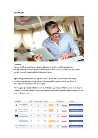 Case:Alleader
Objetivos:
Na primeira fase :qualificar o tráfego orgânico e centralizar audiência dos artigos
Na segunda fase: construir artigos para seu público-alvo e viralizá-los nas principais redes
sociais, obter clientes através de links patrocinados.
Ações: Pesquisamos quem era o público-alvo e quem era a audiência atual do blog e
começamos a adequar o conteúdo. As redes sociais foram os principais termômetros
parasaber o envolvimento das publicações.
No tráfego orgânico da rede Facebook foi onde conseguimos a melhor maneira de mensurar
os dados conforme imagens abaixo. Alcançamos números comparados ao Facebook ADS com
uma verba razoável.
 