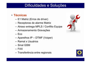 Dificuldades e Soluções
• Técnicas
– E1 Matriz (Erros de driver)
– Receptoras de alarme Matriz
– Atraso entrega MPLS / Conflito Equipe
– Armazenamento Gravações
– Eco
– Aparelhos IP – DTMF (Voiper)
– Ramal x Usuários
– Sinal GSM
– FAX
– Transferência entre regionais
 