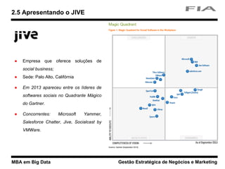MBA em Big Data Gestão Estratégica de Negócios e Marketing
● Empresa que oferece soluções de
social business;
● Sede: Palo Alto, Califórnia
● Em 2013 apareceu entre os líderes de
softwares sociais no Quadrante Mágico
do Gartner.
● Concorrentes: Microsoft Yammer,
Salesforce Chatter, Jive, Socialcast by
VMWare.
2.5 Apresentando o JIVE
 
