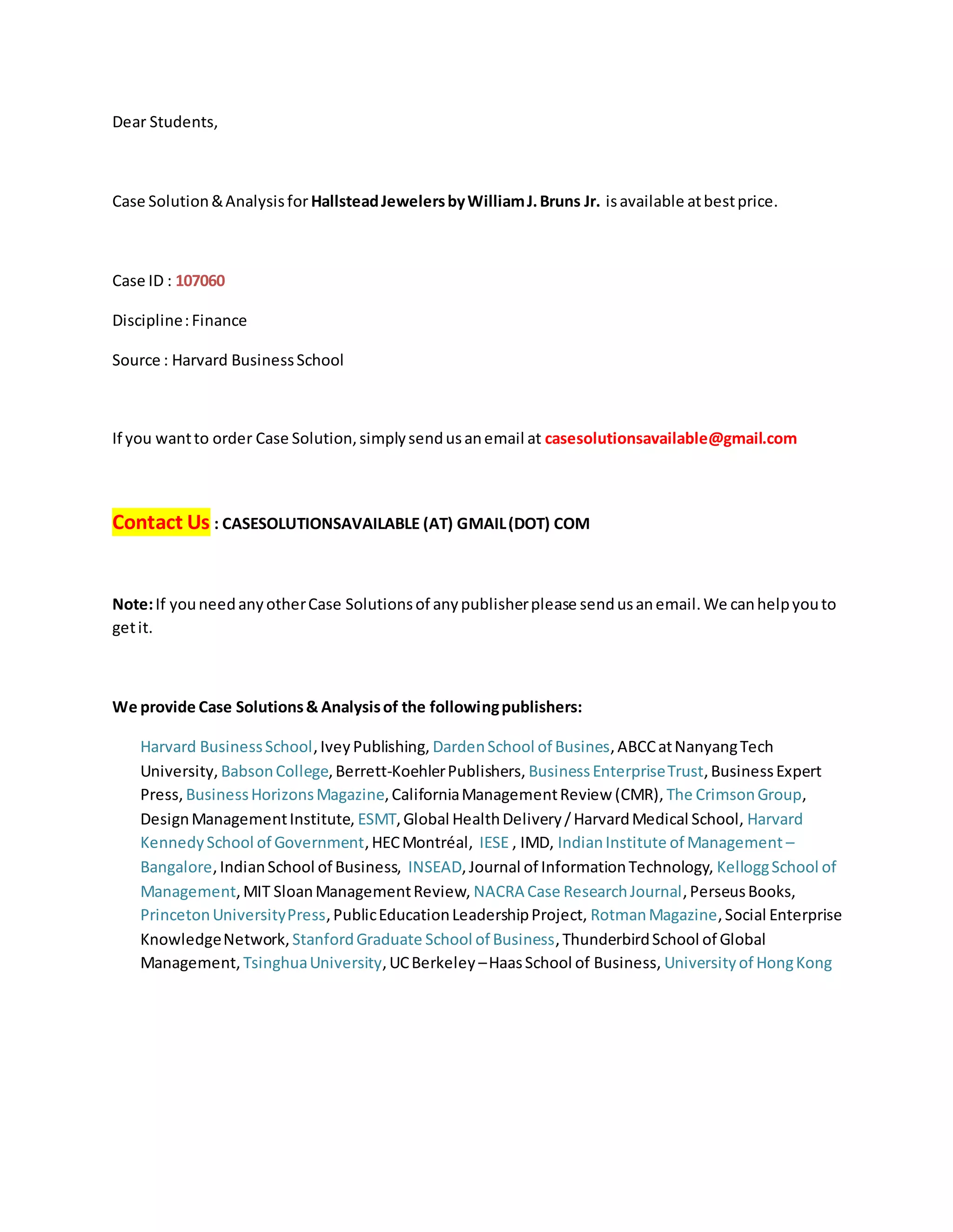 Case Solution for Hallstead Jewelers PDF