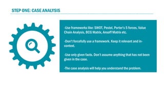 STEP ONE: CASE ANALYSIS
-Use frameworks like: SWOT, Pestel, Porter’s 5 forces, Value
Chain Analysis, BCG Matrix, Ansoff Matrix etc.
-Don’t forcefully use a framework. Keep it relevant and in-
context.
-Use only given facts. Don’t assume anything that has not been
given in the case.
-The case analysis will help you understand the problem.
 