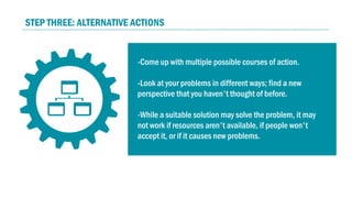 -Come up with multiple possible courses of action.
-Look at your problems in different ways; find a new
perspective that you haven't thought of before.
-While a suitable solution may solve the problem, it may
not work if resources aren't available, if people won't
accept it, or if it causes new problems.
STEP THREE: ALTERNATIVE ACTIONS
 