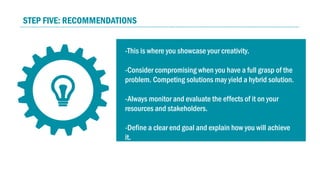 STEP FIVE: RECOMMENDATIONS
-This is where you showcase your creativity.
-Consider compromising when you have a full grasp of the
problem. Competing solutions may yield a hybrid solution.
-Always monitor and evaluate the effects of it on your
resources and stakeholders.
-Define a clear end goal and explain how you will achieve
it.
 