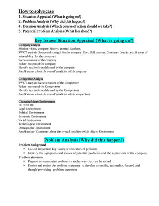How to solve case
1. Situation Appraisal (What is going on?)
2. Problem Analysis (Why did this happen?)
4. Decision Analysis (Which course of action should we take?)
5. Potential Problem Analysis (What lies ahead?)
Key Issues/ Situation Appraisal (What is going on?)
Company analysis
Mission, vision, company history, internal database,
SWOT analysis (Sources of strength forthe company; Cost, Skill, patents, Consumer Loyalty, etc. & areas of
vulnerability for the company)
Success reasons of the company
Failure reasons of the company
Identify textbook models used by the company
Justifications about the overall condition of the company
CompetitorAnalysis
SWOT analysis Success reasons of the Competitors
Failure reasons of the Competitors
Identify textbook models used by the Competitors
Justifications about the overall condition of the competitors
Changing Macro Environment
LE PEST DE
Legal Environment
Political Environment
Economic Environment
Social Environment
Technological Environment
Demographic Environment
Justifications/ Comments about the overall condition of the Macro Environment
Problem Analysis (Why did this happen?)
Problem background
 Collect important key issues or indicators of problem
 Identify the symptoms and causes of potential problems and the aspirations of the company
Problem statement
 Prepare or summarize problem in such a way that can be solved
 Devise and revise the problem statement to develop a specific, actionable, focused and
though-provoking problem statement
 