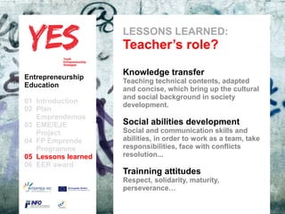 LESSONS LEARNED:
                              Teacher’s role?
                              Knowledge transfer
Entrepreneurship
                              Teaching technical contents, adapted
Education
                              and concise, which bring up the cultural
                              and social background in society
01 Introduction
                              development.
02 Plan
   Emprendemos            a
03 EME/EJE para modificar el Social subtítulo deldevelopment
      Haga clic              estilo de
                                       abilities
                                                   patrón
   Project                   Social and communication skills and
04 FP Emprende               abilities, in order to work as a team, take
   Programme                 responsibilities, face with conflicts
05 Lessons learned           resolution...
06 EER award
                              Trainning attitudes
                              Respect, solidarity, maturity,
                              perseverance…
 