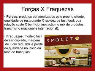 Forças X Fraquezas Forças : produtos personalizados pelo próprio cliente; qualidade de restaurante X rapidez de fast food; boa relação custo X benfício; inovação no mix de produtos; franchising (nacional e internacional);  Fraquezas : modelo fácil  de ser copiado, margem  de lucro reduzida e perda  de qualidade no início da  fase de franquias; 