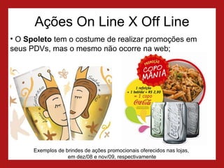 Ações On Line X Off Line O  Spoleto  tem o costume de realizar promoções em seus PDVs, mas o mesmo não ocorre na web; Exemplos de brindes de ações promocionais oferecidos nas lojas,  em dez/08 e nov/09, respectivamente 