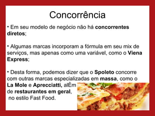 Concorrência Em seu modelo de negócio não há  concorrentes diretos ; Algumas marcas incorporam a fórmula em seu mix de serviços, mas apenas como uma variável, como o  Viena Express ; Desta forma, podemos dizer que o  Spoleto  concorre com outras marcas especializadas em  massa , como o  La Mole  e  Aprecciatti,  além  de  restaurantes em geral ,  no estilo Fast Food.  