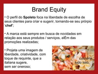 Brand Equity O perfil do  Spoleto  foca na liberdade de escolha de seus clientes para criar e sugerir, tornando-se seu prórpio ‘ chef ’; A marca está sempre em busca de novidades em relação aos seus produtos / serviços, além das promoções realizadas; Projeta uma imagem de  liberdade, criatividade, com  toque de requinte, que a  culinária italiana sugere,  tudo isso, sem ser oneroso; 