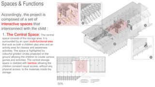 Spaces & Functions
Accordingly, the project is
composed of a set of
interactive spaces that
interconnect with the child :
1. The Central Space: The central
space consists of the storage area. It is
surrounded by an open multi-functional area
that acts as both a children play area and an
activity area for classes and awareness
activities. The space is highlighted by
colourful gridded circles projected on the
ground allowing the children to create various
games and activities. The central storage
space is cladded with bamboo allowing the
children constant visual access, without any
physical access, to the materials inside the
storage.
 