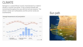 CLIMATE
Sun path
Senegal is a coastal African country characterized by a distinct
climate in summer and winter. It has a tropical climate with
normal heat throughout the year with dry and wet seasons. The
winds in winter are northeasterly and the summer winds are
southwesterly .
 