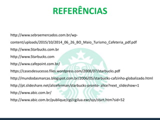 REFERÊNCIAS
http://www.sebraemercados.com.br/wp-
content/uploads/2015/10/2014_06_26_BO_Maio_Turismo_Cafeteria_pdf.pdf
http://www.Starbucks.com.br
http://www.Starbucks.com
http://www.cafepoint.com.br/
https://casesdesucesso.files.wordpress.com/2008/07/starbucks.pdf
http://mundodasmarcas.blogspot.com.br/2006/05/starbucks-cafzinho-globalizado.html
http://pt.slideshare.net/aliceferman/starbucks-pronto- alice?next_slideshow=1
http://www.abic.com.br/
http://www.abic.com.br/publique/cgi/cgilua.exe/sys/start.htm?sid=52
 