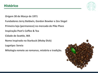 Histórico
Origem 30 de Março de 1971
Fundadores Jerry Baldwin, Gordon Bowker e Zev Siegel
Primeira loja (permanece) no mercado de Pike Place
Inspiração Peet’s Coffee & Tea
Cidade de Seattle, WA
Nome inspirado no Starbuck (Moby Dick)
Logotipo: Sereia
Mitologia remete ao romance, mistério e tradição.
 