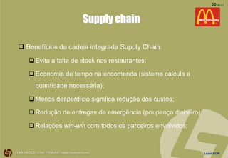 Lean SCM
20 de 21
Supply chain
 Benefícios da cadeia integrada Supply Chain:
Evita a falta de stock nos restaurantes;
Economia de tempo na encomenda (sistema calcula a
quantidade necessária);
Menos desperdício significa redução dos custos;
Redução de entregas de emergência (poupança dinheiro);
Relações win-win com todos os parceiros envolvidos;
 