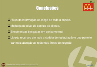 Lean SCM
21 de 21
Conclusões
Fluxo de informação ao longo de toda a cadeia.
Melhoria no nível de serviço ao cliente.
Encomendas baseadas em consumo real
Liberta recursos em toda a cadeia de restauração o que permite
dar mais atenção às restantes áreas do negócio.
 