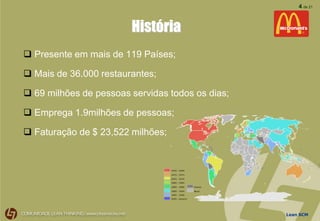Lean SCM
4 de 21
História
 Presente em mais de 119 Países;
 Mais de 36.000 restaurantes;
 69 milhões de pessoas servidas todos os dias;
 Emprega 1.9milhões de pessoas;
 Faturação de $ 23,522 milhões;
 