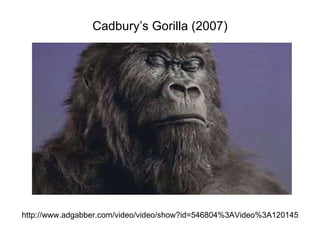 Cadbury’s Gorilla (2007) http://www.adgabber.com/video/video/show?id=546804%3AVideo%3A120145 