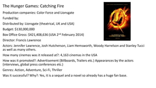 The Hunger Games: Catching Fire
Production companies: Color Force and Lionsgate

Funded by:
Distributed by: Lionsgate (theatrical, UK and USA)
Budget: $130,000,000
Box Office Gross: $421,408,636 (USA 2nd February 2014)
Director: Francis Lawrence
Actors: Jennifer Lawrence, Josh Hutcherson, Liam Hemsworth, Woody Harrelson and Stanley Tucci
as well as many others.
How many cinemas was it released at?: 4,163 cinemas in the USA
How was it promoted?: Advertisement (Billboards, Trailers etc.) Appearances by the actors
(interviews, global press conferences etc.)
Genres: Action, Adventure, Sci-Fi, Thriller
Was it successful? Why?: Yes, it is a sequel and a novel so already has a huge fan base.

 