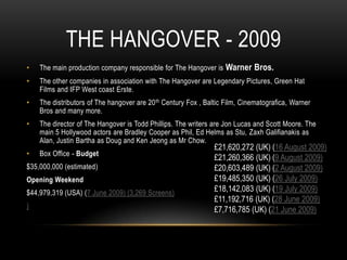 THE HANGOVER - 2009
• The main production company responsible for The Hangover is Warner Bros.
• The other companies in association with The Hangover are Legendary Pictures, Green Hat
Films and IFP West coast Erste.
• The distributors of The hangover are 20th Century Fox , Baltic Film, Cinematografica, Warner
Bros and many more.
• The director of The Hangover is Todd Phillips. The writers are Jon Lucas and Scott Moore. The
main 5 Hollywood actors are Bradley Cooper as Phil, Ed Helms as Stu, Zaxh Galifianakis as
Alan, Justin Bartha as Doug and Ken Jeong as Mr Chow.
• Box Office - Budget
$35,000,000 (estimated)
Opening Weekend
$44,979,319 (USA) (7 June 2009) (3,269 Screens)
)
£21,620,272 (UK) (16 August 2009)
£21,260,366 (UK) (9 August 2009)
£20,603,489 (UK) (2 August 2009)
£19,485,350 (UK) (26 July 2009)
£18,142,083 (UK) (19 July 2009)
£11,192,716 (UK) (28 June 2009)
£7,716,785 (UK) (21 June 2009)
 