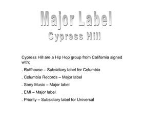 Cypress Hill are a Hip Hop group from California signed
with;
. Ruffhouse – Subsidiary label for Columbia
. Columbia Records – Major label
. Sony Music – Major label
. EMI – Major label
. Priority – Subsidiary label for Universal
 