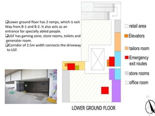 Lower ground floor has 2 ramps, which is exit
Way from B-1 and B-2. It also acts as an
entrance for specially abled people.
LGF has gaming zone, store rooms, toilets and
generator room.
Corridor of 2.5m width connects the driveway
to LGF.
 