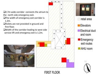2.7m wide corridor connects the atrium to
the north side emergency exit.
The width of emergency exit corridor is
1.2m.
Toilets are not provided in ground and
first floor.
Width of the corridor leading to west side
service lift and emergency exit is 1.2m.
 