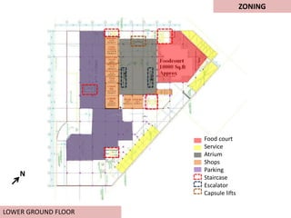 Food court
Service
Atrium
Shops
Parking
Staircase
Escalator
Capsule lifts
LOWER GROUND FLOOR
ZONING
N
 