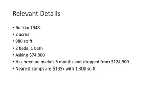 Relevant Details
• Built in 1948
• 2 acres
• 980 sq ft
• 2 beds, 1 bath
• Asking $74,900
• Has been on market 5 months and dropped from $124,900
• Nearest comps are $135k with 1,300 sq ft
 