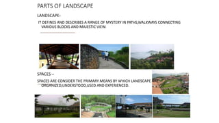 PARTS OF LANDSCAPE
LANDSCAPE-
IT DEFINES AND DESCRIBES A RANGE OF MYSTERY IN PATHS,WALKWAYS CONNECTING
VARIOUS BLOCKS AND MAJESTIC VIEW.
SPACES –
SPACES ARE CONSIDER THE PRIMARY MEANS BY WHICH LANDSCAPE ARE
ORGANIZED,UNDERSTOOD,USED AND EXPERIENCED.
 