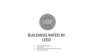 BUILDINGS RATED BY
LEED
1. Infinity benchmark, Kolkata
2. CII, Hyderabad
3. DPR construction phoenix regional office, Arizona
4. Infosys limited, Mysore
 