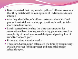  Bose requested that they needed grills of different colours so
that they match with colour options of Oldsmobile Aurora
interior.
 Also they should be, of uniform texture and made of end
product material, and mainly production should not take
more than four weeks.
 Santin started to calculate the time consumption for
conventional hard tooling, considering parameters such as
complexity of detail, contoured design and parting line of
curvature of each part.
 Estimated time was nine weeks.
 Therefore, Santin again calculated the time by assign every
available worker for this project and made the project
schedule open.
 