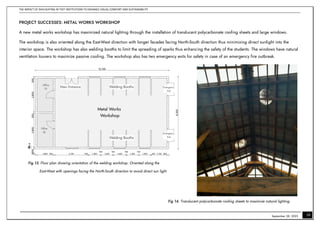 THE IMPACT OF DAYLIGHTING IN TVET INSTITUTIONS TO ENHANCE VISUAL COMFORT AND SUSTAINABILITY
19
September 28, 2023
PROJECT SUCCESSES: METAL WORKS WORKSHOP
A new metal works workshop has maximized natural lighting through the installation of translucent polycarbonate roofing sheets and large windows.
The workshop is also oriented along the East-West direction with longer facades facing North-South direction thus minimizing direct sunlight into the
interior space. The workshop has also welding booths to limit the spreading of sparks thus enhancing the safety of the students. The windows have natural
ventilation louvers to maximize passive cooling. The workshop also has two emergency exits for safety in case of an emergency fire outbreak.
Fig 13. Floor plan showing orientation of the welding workshop. Oriented along the
East-West with openings facing the North-South direction to avoid direct sun light
Fig 14. Translucent polycarbonate roofing sheets to maximize natural lighting.
 