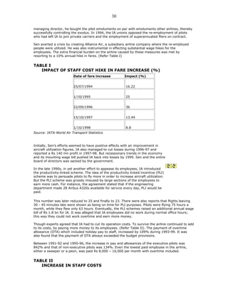 managing director, he bought the pilot emoluments on par with emoluments other airlines, thereby
successfully controlling the exodus. In 1994, the IA unions opposed the re-employment of pilots
who had left IA to join private carriers and the employment of superannuated fliers on contract.
Sen averted a crisis by creating Alliance Air, a subsidiary airline company where the re-employed
people were utilized. He was also instrumental in effecting substantial wage hikes for the
employees. The extra financial burden on the airline caused by these measures was met by
resorting to a 10% annual hike in fares. (Refer Table I)
TABLE I
IMPACT OF STAFF COST HIKE IN FARE INCREASE (%)
Date of fare increase Impact (%)
25/07/1994 16.22
1/10/1995 25
22/09/1996 36
15/10/1997 13.44
1/10/1998 8.8
Source: IATA-World Air Transport Statistics
Initially, Sen’s efforts seemed to have positive effects with an improvement in
aircraft utilization figures. IA also managed to cut losses during 1996-97 and
reported a Rs 140 mn profit in 1997-98. But recessionary trends in the economy
and its mounting wage bill pushed IA back into losses by 1999. Sen and the entire
board of directors was sacked by the government.
In the late 1990s, in yet another effort to appease its employees, IA introduced
the productivity-linked scheme. The idea of the productivity linked incentive (PLI)
scheme was to persuade pilots to fly more in order to increase aircraft utilization.
But the PLI scheme was grossly misused by large sections of the employees to
earn more cash. For instance, the agreement stated that if the engineering
department made 28 Airbus A320s available for service every day, PLI would be
paid.
This number was later reduced to 25 and finally to 23. There were also reports that flights leaving
30 - 45 minutes late were shown as being on time for PLI purposes. Pilots were flying 75 hours a
month, while they flew only 63 hours. Eventually, the PLI schemes raised an additional annual wage
bill of Rs 1.8 bn for IA. It was alleged that IA employees did no work during normal office hours;
this way they could not work overtime and earn more money.
Though experts agreed that IA had to cut its operation costs. To survive the airline continued to add
to its costs, by paying more money to its employees. (Refer Table II). The payment of overtime
allowance (OTA) which included holiday pay to staff, increased by 109% during 1993-99. It was
also found that the payment of OTA always exceeded the budget provisions.
Between 1991-92 and 1995-96, the increase in pay and allowances of the executive pilots was
842% and that of non-executive pilots was 134%. Even the lowest paid employee in the airline,
either a sweeper or a peon, was paid Rs 8,000 – 10,000 per month with overtime included.
TABLE II
INCREASE IN STAFF COSTS
30
 