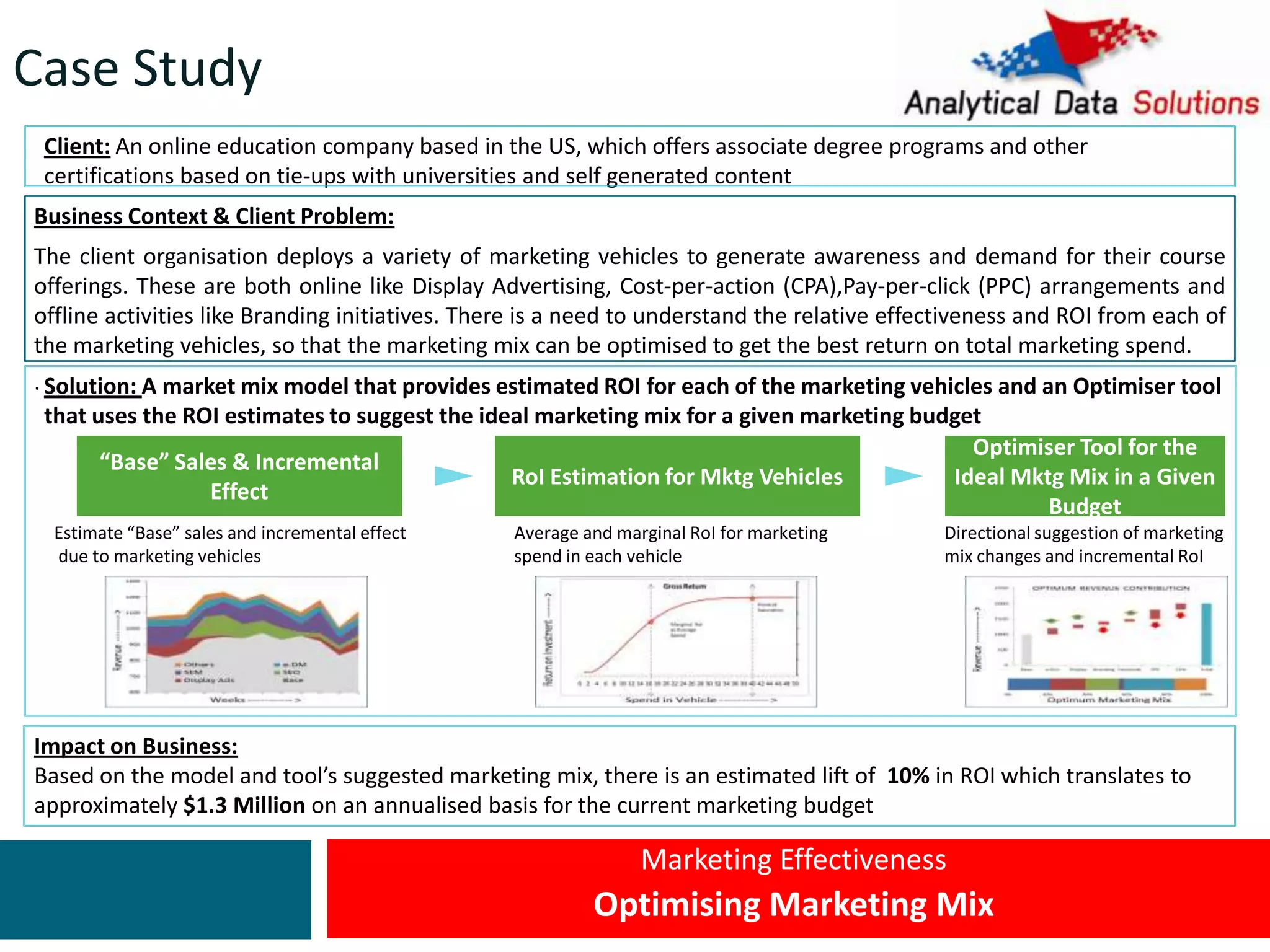Marketing Effectiveness
Optimising Marketing Mix
Client: An online education company based in the US, which offers associate degree programs and other
certifications based on tie-ups with universities and self generated content
Business Context & Client Problem:
The client organisation deploys a variety of marketing vehicles to generate awareness and demand for their course
offerings. These are both online like Display Advertising, Cost-per-action (CPA),Pay-per-click (PPC) arrangements and
offline activities like Branding initiatives. There is a need to understand the relative effectiveness and ROI from each of
the marketing vehicles, so that the marketing mix can be optimised to get the best return on total marketing spend.
.
Impact on Business:
Based on the model and tool’s suggested marketing mix, there is an estimated lift of 10% in ROI which translates to
approximately $1.3 Million on an annualised basis for the current marketing budget
Solution: A market mix model that provides estimated ROI for each of the marketing vehicles and an Optimiser tool
that uses the ROI estimates to suggest the ideal marketing mix for a given marketing budget
“Base” Sales & Incremental
Effect
RoI Estimation for Mktg Vehicles
Optimiser Tool for the
Ideal Mktg Mix in a Given
Budget
Estimate “Base” sales and incremental effect
due to marketing vehicles
Average and marginal RoI for marketing
spend in each vehicle
Directional suggestion of marketing
mix changes and incremental RoI
Case Study
 
