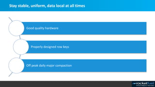 Stay stable, uniform, data local at all times
Good quality hardware
Properly designed row keys
Off peak daily major compaction
 