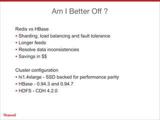 Am I Better Oﬀ ?
Redis vs HBase
• Sharding, load balancing and fault tolerance
• Longer feeds
• Resolve data inconsistencies
• Savings in $$
Cluster configuration
• hi1.4xlarge - SSD backed for performance parity
• HBase - 0.94.3 and 0.94.7
• HDFS - CDH 4.2.0
 