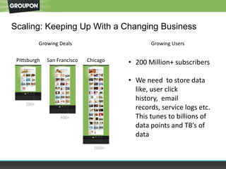 Scaling: Keeping Up With a Changing Business
ChicagoPittsburgh San Francisco
200+
400+
2000+
Growing Deals Growing Users
• 200 Million+ subscribers
• We need to store data
like, user click
history, email
records, service logs etc.
This tunes to billions of
data points and TB’s of
data
 