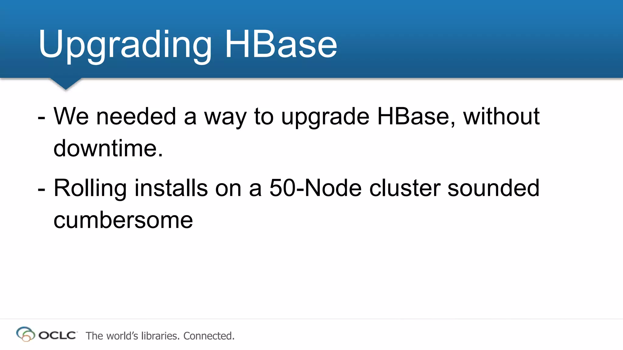 The world’s libraries. Connected.
- We needed a way to upgrade HBase, without
downtime.
- Rolling installs on a 50-Node cluster sounded
cumbersome
Upgrading HBase
 