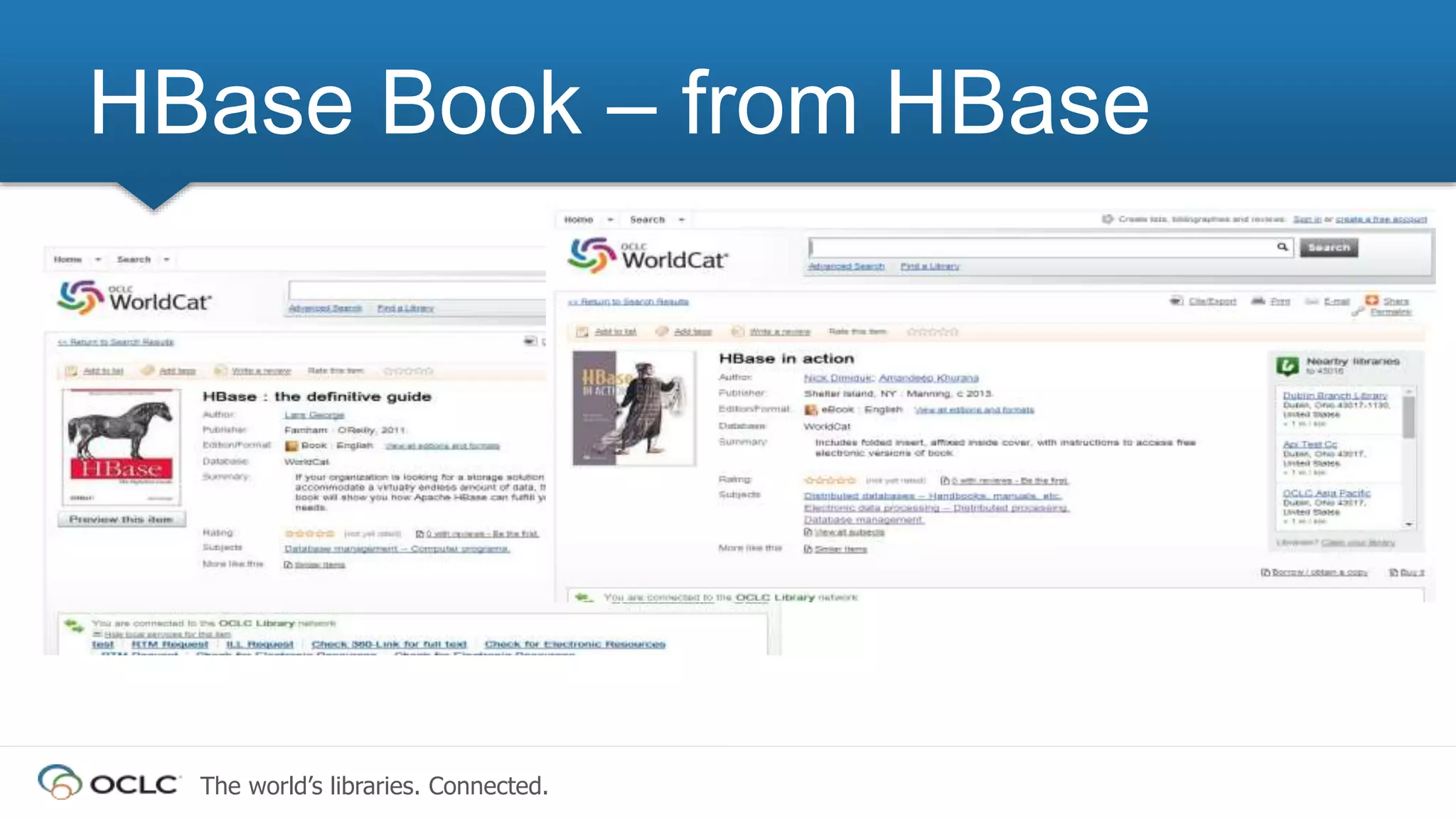 The world’s libraries. Connected.
HBase Book – from HBase
 