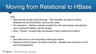 The world’s libraries. Connected.
Why
• Data set was too big a long time ago – Not long after we built our Oracle
database we removed almost all joins and views.
• Too expensive – Making a dataset available for free open-access was going to
cost us almost $1 Million, just for storage
• Slow – Couldn’t analyze data set because it took a week just to walk it.
How
• Text index and our own secondary indexing for Hbase
• Transition period of about 12 months with both - Multiple tools built and run find
and fix discrepancies.
Moving from Relational to HBase
 