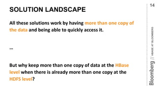 HBASEATBLOOMBERG//
SOLUTION LANDSCAPE
All these solutions work by having more than one copy of
the data and being able to ...