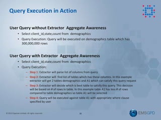 © 2013 Experian Limited. All rights reserved.
User Query without Extractor Aggregate Awareness
• Select client_id,state,count from demographics
• Query Execution: Query will be executed on demographics table which has
300,000,000 rows
User Query with Extractor Aggregate Awareness
• Select client_id,state,count from demographics
• Query Execution:
– Step 1: Extractor will parse list of columns from query
– Step 2: Extractor will find list of tables which has these columns. In this example
extractor will get 2 tables demographics and A1 which can satisfy this query request
– Step 3: Extractor will decide which is best table to satisfy this query. This decision
will be based on # of rows in table. In this example table A1 has less # of rows
compared to table demographics so table A1 will be selected
– Step 4: Query will be executed against table A1 with appropriate where clause
specified by user
20
Query Execution in Action
 