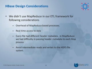 © 2013 Experian Limited. All rights reserved.
• We didn’t use MapReduce in our ETL framework for
following considerations
...
