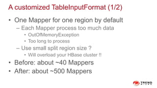 A customized TableInputFormat (1/2)
• One Mapper for one region by default
– Each Mapper process too much data
• OutOfMemoryException
• Too long to process
– Use small split region size ?
• Will overload your HBase cluster !!
• Before: about ~40 Mappers
• After: about ~500 Mappers
 