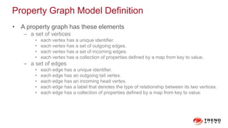 Property Graph Model Definition
• A property graph has these elements
– a set of vertices
• each vertex has a unique identifier.
• each vertex has a set of outgoing edges.
• each vertex has a set of incoming edges.
• each vertex has a collection of properties defined by a map from key to value.
– a set of edges
• each edge has a unique identifier.
• each edge has an outgoing tail vertex.
• each edge has an incoming head vertex.
• each edge has a label that denotes the type of relationship between its two vertices.
• each edge has a collection of properties defined by a map from key to value.
 