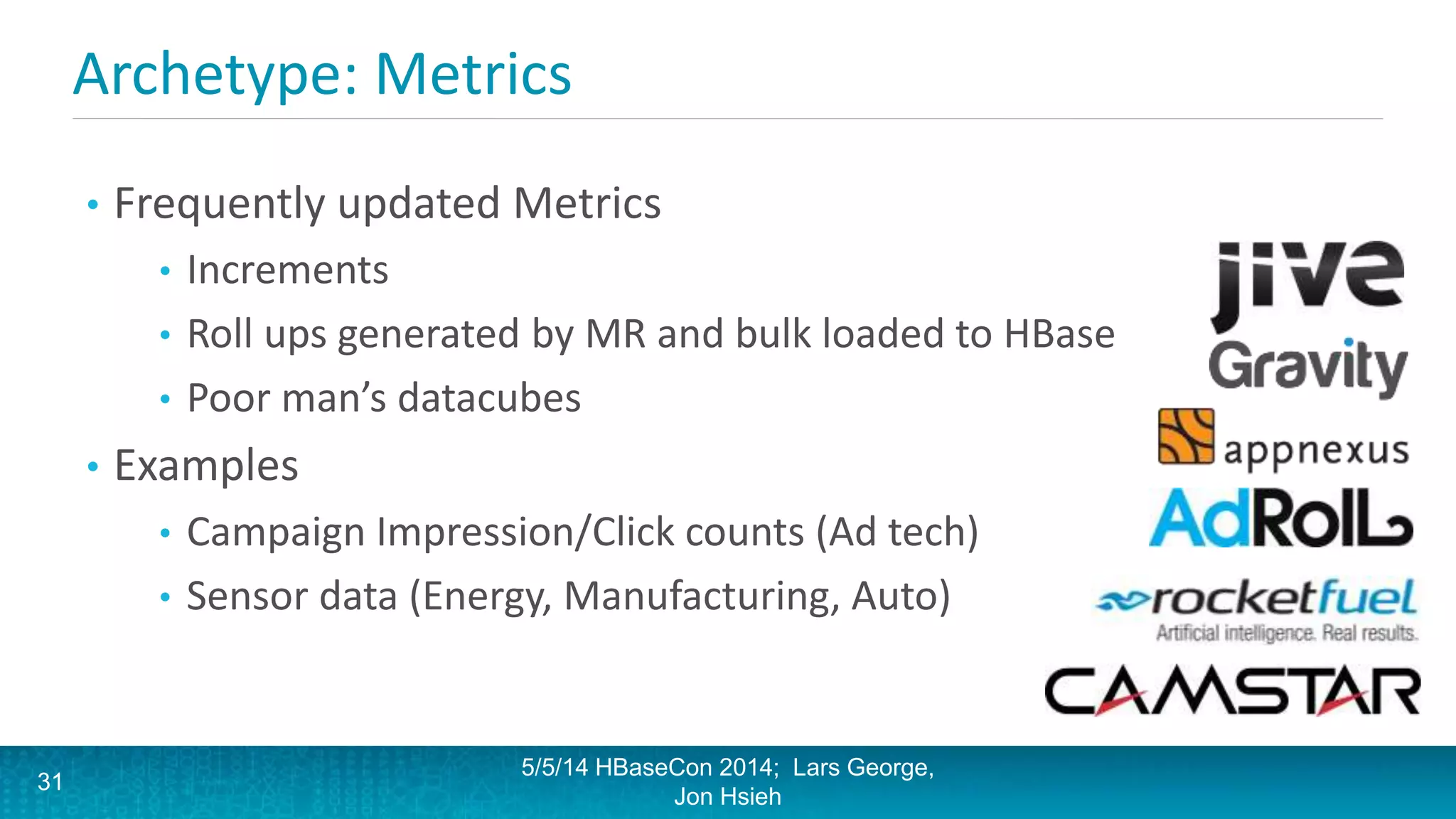 Archetype: Metrics
• Frequently updated Metrics
• Increments
• Roll ups generated by MR and bulk loaded to HBase
• Poor man’s datacubes
• Examples
• Campaign Impression/Click counts (Ad tech)
• Sensor data (Energy, Manufacturing, Auto)
5/5/14 HBaseCon 2014; Lars George,
Jon Hsieh
31
 